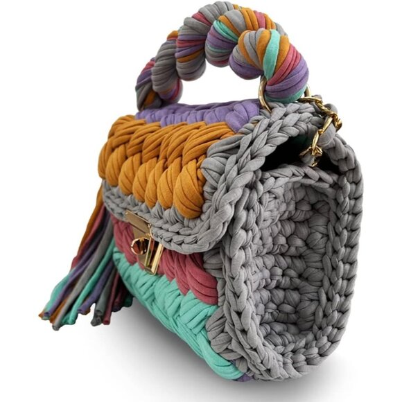 Women's Multi Crochet Handmade Small Evening Formal Flap Crossbody Clutch Bag - Picture 4 of 6